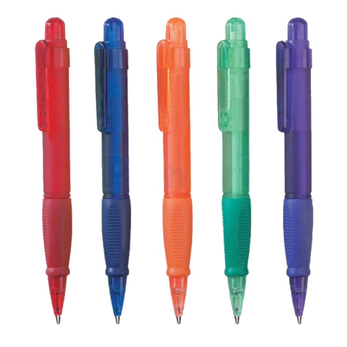 P5023-P5030.-Lapicero-de-Plastico-Translucido-con-Goma.jpg Lapicero retráctil de color traslúcido con goma antideslizante - Imagen 1